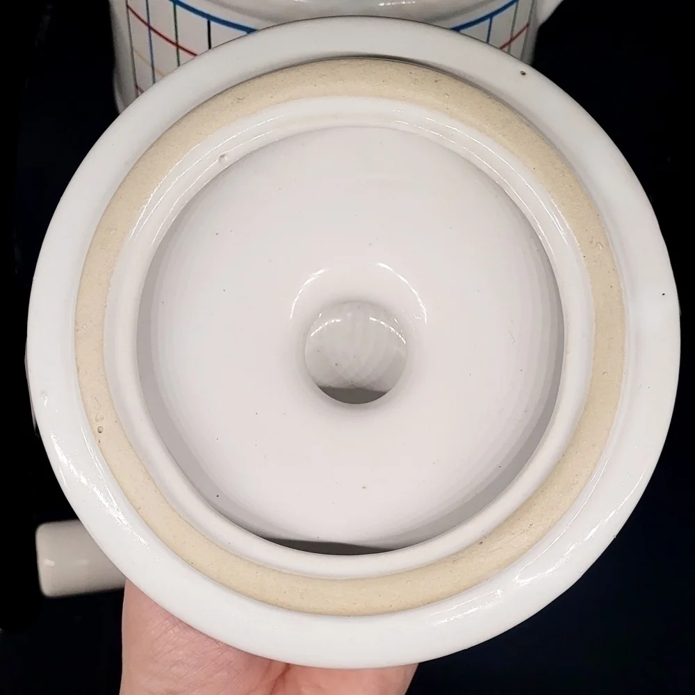 1980's/90's Mardi Gras pattern stoneware? cooking pot & French onion soup bowl
